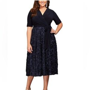 Alex Evenings Jersey and Rosette Lace Midi Dress Women Size 16 Navy Blue